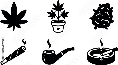 Black and white cannabis leaf plant and smoking pipe icons set