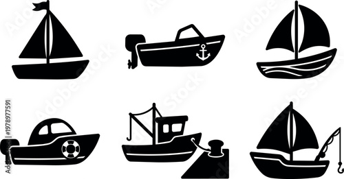 Black and white boat icons including sailboat fishing and motorboat illustrations