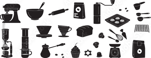 black silhouette kitchen baking coffee utensils and appliances collection