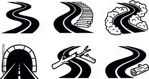 Black and white winding road icons with stairs tunnel branches and log obstacles