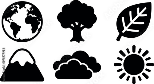 Black and white environmental icons of earth tree leaf mountain clouds and sun