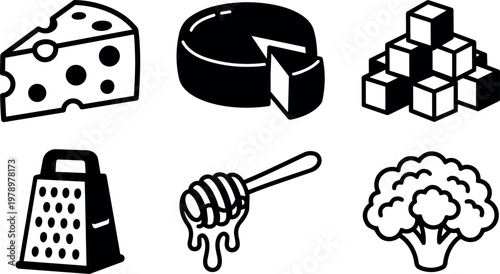Black and white cheese honey grater cauliflower and sugar cubes vector icons