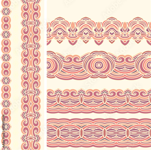 Stylized woven ornaments, wave border decor, seamless patterns	