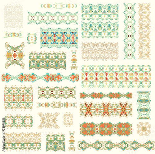 Set of golden ornamental vignettes, border ornaments, rosettes, medieval, oriental style