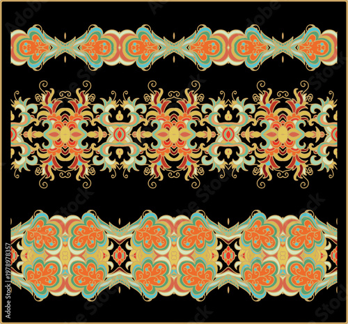 Set of golden ornamental vignettes, border ornaments, rosettes, medieval, oriental style