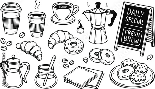 Monochrome coffee and bakery items doodle drawing with chalkboard menu.