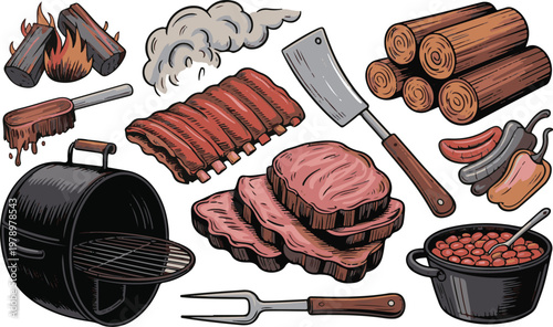 Barbecue grill accessories and smoked meat products illustration set.