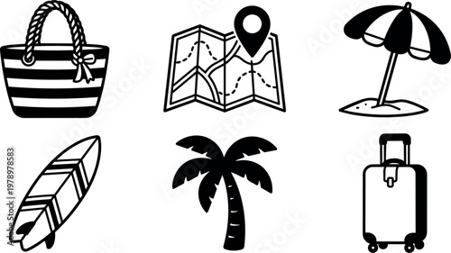 Black and white travel icons beach palm tree surfboard umbrella suitcase bag map location pin