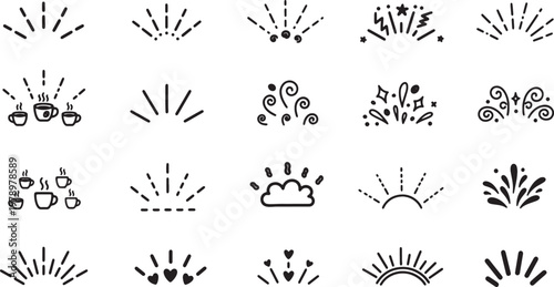 Collection of various line art icons and graphics