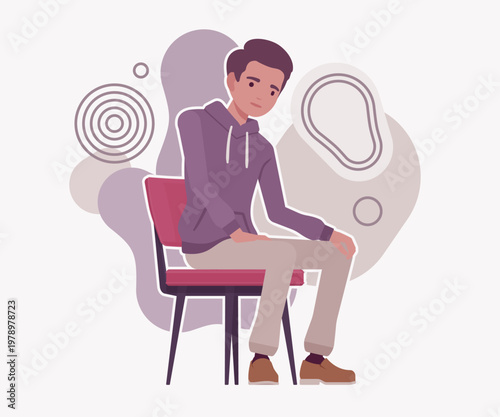 Unhappy young man sits on a chair looking down with a sad expression against an abstract background. High quality flat vector illustration for psychological support and mental health topics design
