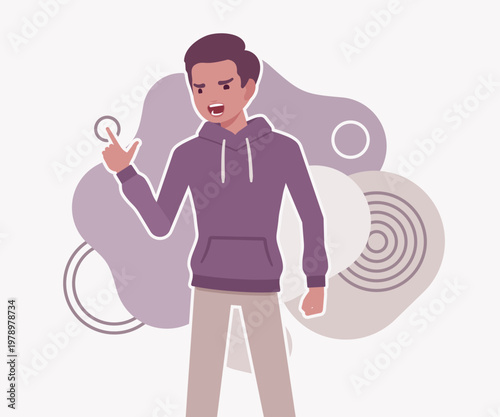 Furious young man standing and shouting while pointing his finger during an argument against abstract shapes. Professional flat vector illustration for conflict and negative emotion concepts design
