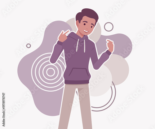Happy young man pointing at himself with thumbs and a proud smile against an abstract decorative background. Professional flat vector illustration for self-esteem and achievement web projects art