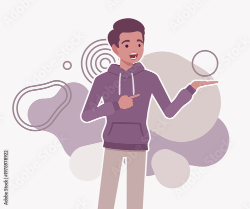 Excited young man pointing to his open palm while presenting an invisible object or product for sale. High quality flat vector illustration for marketing, special offers, and business promotions today