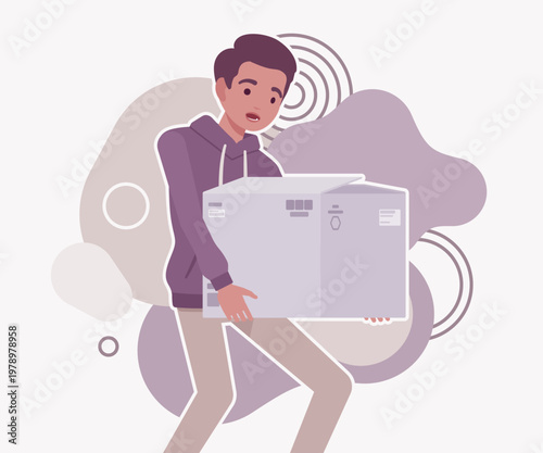 A young man struggling to lift and carry a heavy cardboard delivery box against abstract background. High quality flat vector illustration for moving house, delivery service, and courier concepts