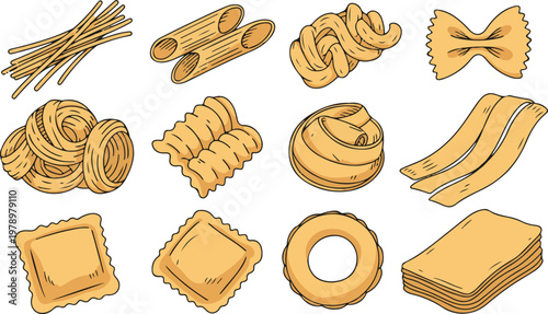 Collection of pasta types on transparent background.