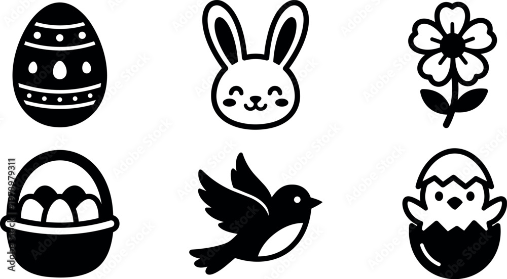 Fototapeta premium Black and white easter icons with egg basket bunny flower bird and chick