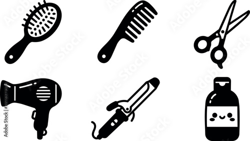 Black and white hair styling tools brush comb scissors hairdryer curling iron and shampoo bottle vector art