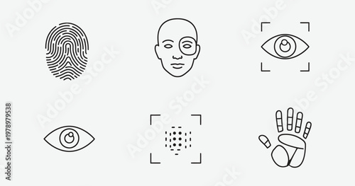 Biometric identification icons fingerprints eyes and facial recognition security elements