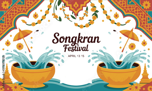 Songkran festival banner with water splashing bowls and ornate borders.