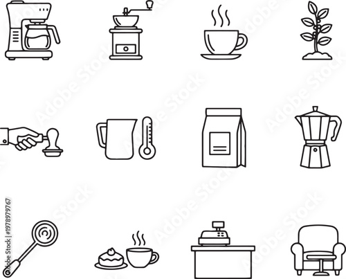 line drawing coffee related objects and furniture