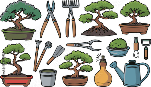 Bonsai trees with gardening tools for pruning and care items.