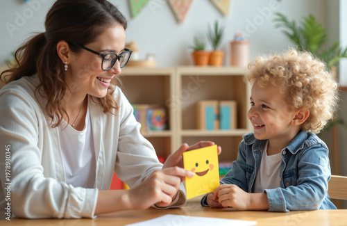 Therapist shows happy face card to boy. Child learns emotions in therapy. Autism support session. Early intervention development. Teacher helps kid recognize feelings. Social skills training.