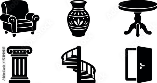 Black and white icons of armchair vase table column spiral staircase and open door