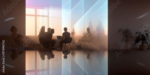 Inside the modern office: a moment of contemplation, bathed in the ethereal glow of sunrise. A diverse group sits in a stylish space, a meeting of minds under the soft light.