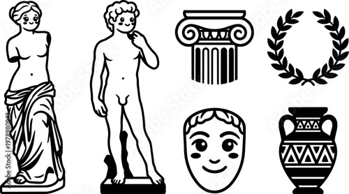 Black and white classical greek statue venus de milo david column laurel wreath pottery face illustration