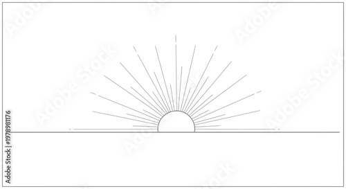 Sunrise Over Horizon: Minimalist Line Art Illustration of Sun Rays and Calm Horizon