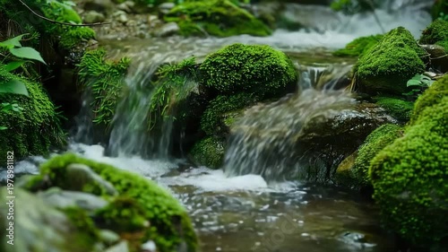 Vibrant forest stream with moss-covered rocks and a gentle cascade, lush greenery, and tranquil water—a serene nature landscape ideal for stock photography