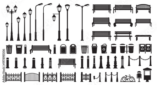 Black Silhouettes of Street Furniture: Benches, Lamp Posts, Trash Bins, Bollards and Decorative Fences