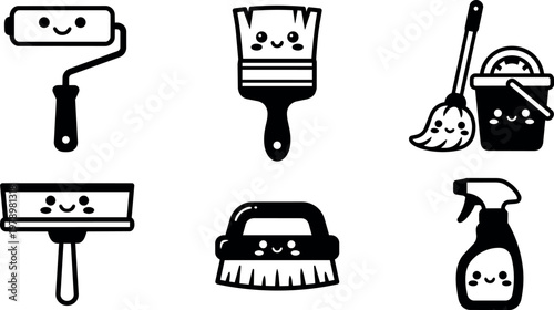 Cute smiling cleaning and painting tools set vector art icons