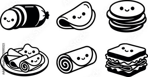 Black and white kawaii smiling sandwich sandwich meat and snack icons vector art