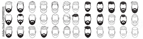 Beard And Hairstyle Icons Set - Men's Facial Hair Styles, Avatars, Hipster Looks And Silhouettes