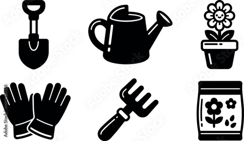 Black and white garden tool icons with watering can flower pot and gloves