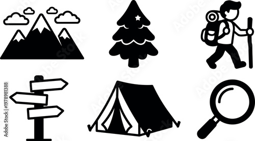 Black and white camping tent hiker mountain pine tree and magnifying glass icons