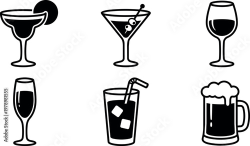 Black and white line art cocktail margarita martini wine beer drink icons
