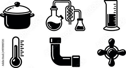 Laboratory flask stove pipe and valve icons