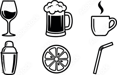 Wine glass beer mug coffee cup cocktail shaker lemon slice and straw