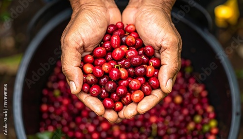 Hands holding fresh red coffee cherries harvest