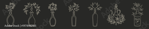 Minimalist Olive Oil Bottle Vine Line Art, Continuous Line Vector Illustration on Charcoal Background