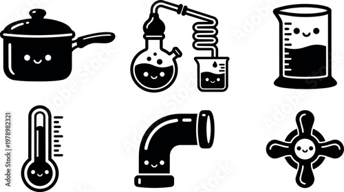 Black and white cute smiling kitchen and science equipment vector art icons