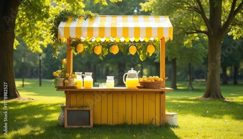 Yellow and white striped lemonade stand outdoors in green park. Fresh lemons hang above jars full of lemonade, basket of citrus fruits on wooden counter. Sunny day offers refreshing drink.