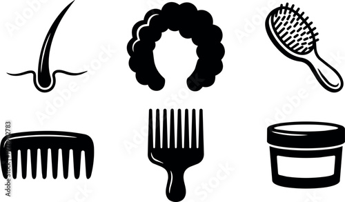 Black and white icons of hair follicle afro comb hairbrush and cream jar