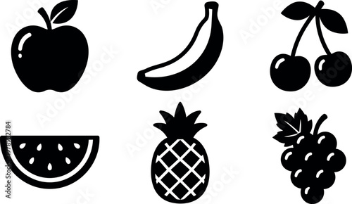 Black and white silhouette icons of apple banana cherry watermelon pineapple and grape fruit