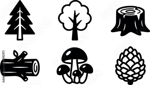 Black and white forest elements pine tree leafy tree stump log mushrooms and pinecone vector art