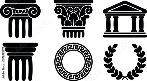 Black classical greek column capitals laurel wreath and ancient building icons