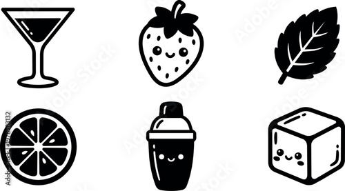 Black and white cocktail shaker strawberry ice cube lemon slice and mint leaf icons