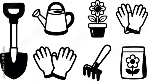 Black and white gardening tools including shovel gloves watering can rake and flower pot